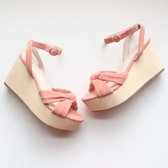 Revolve RAYE Faye Peach Suede Leather Wooden Platform Wedge Ankle Strap Sandals
